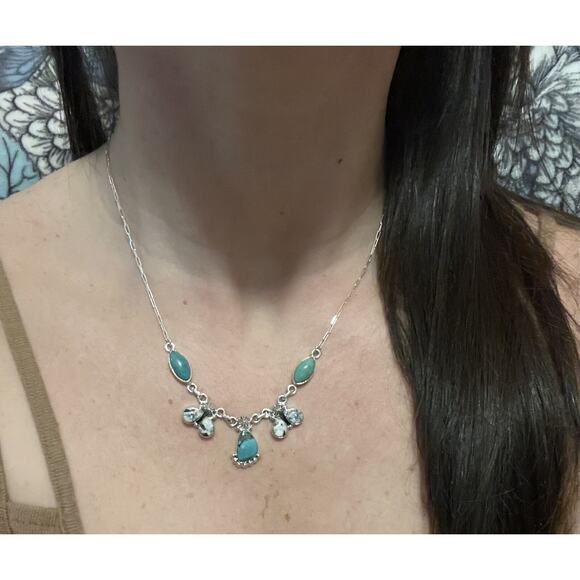 Native Navajo SW Sterling SilverWhite Buffalo & Green Turquoise Cluster Necklace - Picture 5 of 10